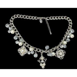White House Black Market Victorian Style Charm Necklace With Faux Pearls And Gla